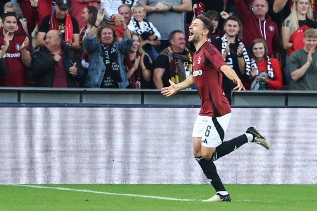 SOCCER - UEFA CL, Prag vs RBS PRAGUE,CZECH REPUBLIC,18.SEP.24 - SOCCER - UEFA Champions League, AC Sparta Prag vs Red Bull Salzburg. Image shows the rejoicing of scorer Kaan Kairinen (Sparta).  GEPAxpictures xDavidxGeieregger