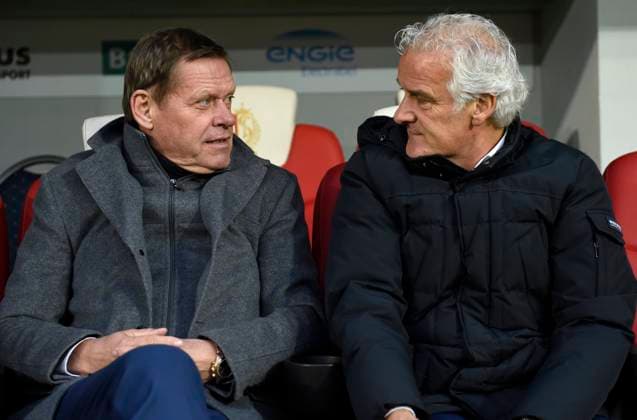 Standard Liege v RSC Anderlecht - Jupiler Pro League: Play-Offs 1 LIEGE, BELGIUM - APRIL 12 : Fred Rutten head coach of Anderlecht and Frank Arnesen during the Jupiler Pro League play off 1 match between Standard de Liege and RSC Anderlecht on April 12, 2019 in Liege, Belgium, 12 04 2019 Liege Belgium  Copyright: xPhilippexCrochetxPhotoxNewsx 10781677-005