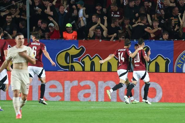 SOCCER - UEFA CL, Prag vs RBS PRAGUE,CZECH REPUBLIC,18.SEP.24 - SOCCER - UEFA Champions League, AC Sparta Prag vs Red Bull Salzburg. Image shows the rejoicing of Veljko Birmancevic and scorer Qazim Laci (Sparta).  GEPAxpictures xDavidxGeieregger
