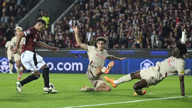 From left Qazim Laci of Sparta, Stefan Bajcetic of Salcburg, Hendry Blank of Salcburg during the Football Champions League 1st round match: Sparta Prague vs Red Bull Salzburg in Prague, Czech Republic, September 18, 2024. (CTKxPhoto MichalxKamaryt) CTKPhotoP2024091808558  CTKPhotoP2024091808558
