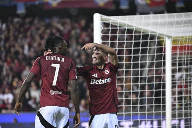From left Victor Olatunji, Qazim Laci of Sparta celebrate goal during the Football Champions League 1st round match: Sparta Prague vs Red Bull Salzburg in Prague, Czech Republic, September 18, 2024. (CTKxPhoto MichalxKamaryt) CTKPhotoP2024091808646  CTKPhotoP2024091808646