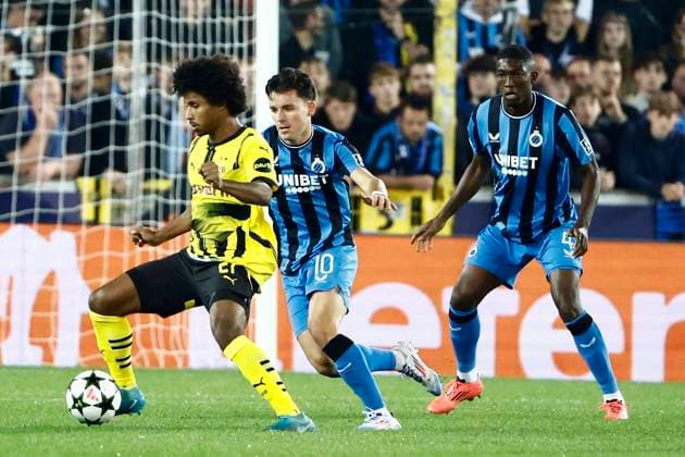 Club Brugge v Borussia Dortmund - UEFA Champions League BRUGGE, BELGIUM - SEPTEMBER 18 : Adeyemi Karim forward of Borussia Dortmund and Vetlesen Hugo midfielder of Club Brugge during the UEFA Champions League - League phase matchday 1 match between Club Brugge and Borussia Dortmund at the Jan Breydel stadium on September 18, 2024 in Bruges , Belgium , 18 09 2024 Brugge Belgium  Copyright: xJanxDexMeuleneirx