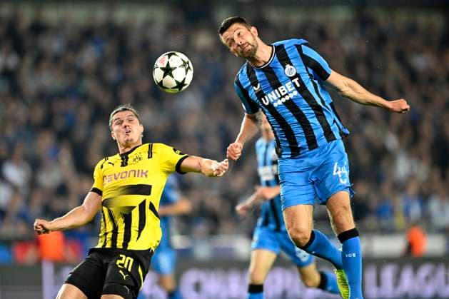 Club Brugge v Borussia Dortmund - UEFA Champions League BRUGGE, BELGIUM - SEPTEMBER 18 : Sabitzer Marcel midfielder of Borussia Dortmund and Mechele Brandon defender of Club Brugge during the UEFA Champions League - League phase matchday 1 match between Club Brugge and Borussia Dortmund at the Jan Breydel stadium on September 18, 2024 in Bruges , Belgium , 18 09 2024 Brugge Belgium  Copyright: xNicoxVereeckenx