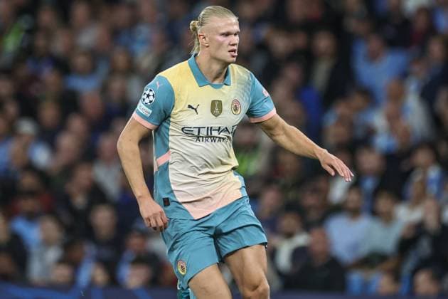 UEFA Champions League league stage Manchester City v Inter Milan Erling Haaland of Manchester City during the UEFA Champions League league stage match Manchester City vs Inter Milan at Etihad Stadium, Manchester, United Kingdom, 18th September 2024 (Photo by Mark Cosgrove News Images) Manchester Etihad Stadium Manchester United, ManU Kingdom Copyright: xMarkxCosgrove NewsxImagesx