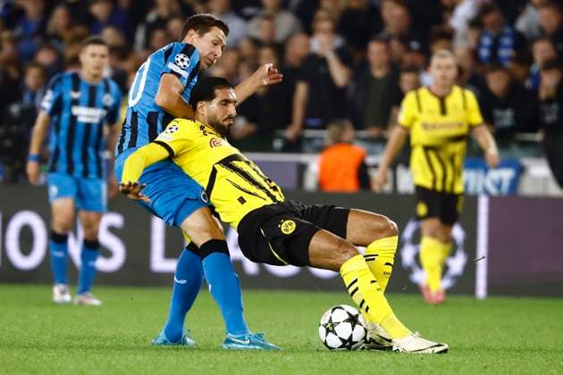 Club Brugge v Borussia Dortmund - UEFA Champions League BRUGGE, BELGIUM - SEPTEMBER 18 : Vanaken Hans midfielder of Club Brugge and Can Emre defender of Borussia Dortmund during the UEFA Champions League - League phase matchday 1 match between Club Brugge and Borussia Dortmund at the Jan Breydel stadium on September 18, 2024 in Bruges , Belgium , 18 09 2024 Brugge Belgium  Copyright: xJanxDexMeuleneirx