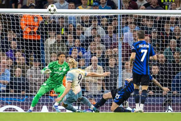 18th September 2024; Etihad Stadium, Manchester, England; UEFA Champions League Football, Manchester City versus Inter Milan; An early shot on goal from Erling Haland of Manchester City is deflected over the goal  ActionPlus12694283 TimxWilliams