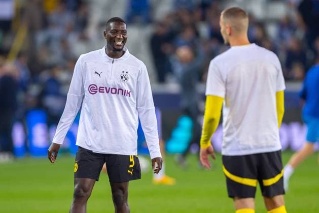 18 09 2024, Football, Season 2024 2025, UEFA Champions League, Matchday 1, FC Bruges Borussia Dortmund, Serhou Guirassy Borussia Dortmund laughs, Bruges Jan Breydel Stadium Belgium xRHR PHOTO ENx Copyright: DennisxEwert RHR-FOTOx RHR-FOTO DE