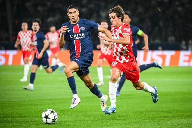 September 18, 2024, Paris, France, France: Achraf HAKIMI of PSG and Bryan GIL of Girona during the UEFA Champions League, League Phase MD1 match between Paris Saint-Germain and Girona FC at Parc des Princes Stadium on September 18, 2024 in Paris, France. Paris France - ZUMAm308 20240918_zsp_m308_001 Copyright: xMatthieuxMirvillex
