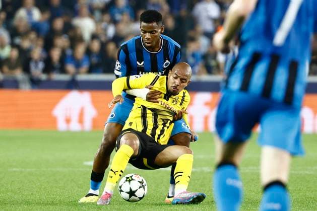 Club Brugge v Borussia Dortmund - UEFA Champions League BRUGGE, BELGIUM - SEPTEMBER 18 : Onyedika Raphael midfielder of Club Brugge and Malen Donyell forward of Borussia Dortmund during the UEFA Champions League - League phase matchday 1 match between Club Brugge and Borussia Dortmund at the Jan Breydel stadium on September 18, 2024 in Bruges , Belgium , 18 09 2024 Brugge Belgium  Copyright: xJanxDexMeuleneirx