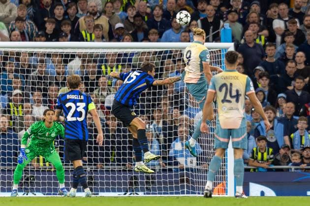 Manchester City v Inter Milan Champions League 18 09 2024. Manchester City forward Erling Haaland (9) head at goal during the Champions League match between Manchester City and Inter Milan at the Etihad Stadium, Manchester, England on 18 September 2024. Editorial use only , Copyright: xIanxStephenx PSI-20445-0017