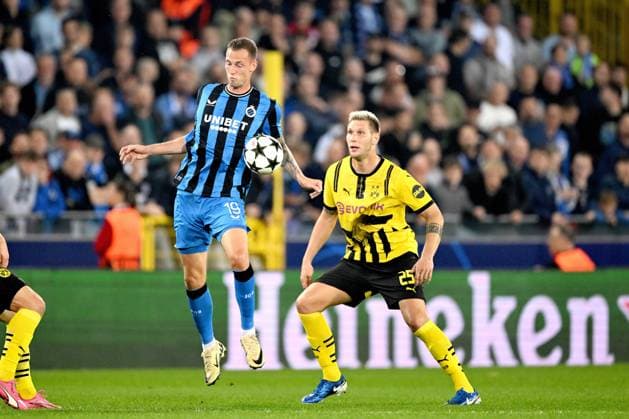 BRUGGE - (l-r) Gustaf Nilsson of Club Brugge KV, Niklas Sule of Borussia Dortmund during the UEFA Champions League match between Club Brugge and Borussia Dortmund at the Jan Breydel Stadium on Sept. 18, 2024 in Bruges, Belgi . ANP Hollandse Hoogte UEFA Europa Champions League 2024 25 xVIxANPxSportx xGerritxvanxKeulenxIVx 508791719 originalFilename: 508791719.jpg
