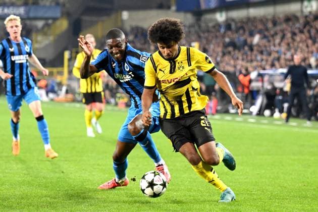 BRUGGE - (l-r) Joel Ordonez of Club Brugge KV, Karim Adeyemi of Borussia Dortmund during the UEFA Champions League match between Club Brugge and Borussia Dortmund at Jan Breydel Stadium on Sept. 18, 2024 in Bruges, Belgi . ANP Hollandse Hoogte UEFA Europa Champions League 2024 25 xVIxANPxSportx xGerritxvanxKeulenxIVx 508793329 originalFilename: 508793329.jpg