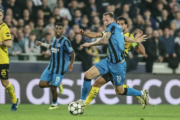 Club s Gustaf Nilsson and Borussia s Emre Can fight for the ball during a soccer game between Belgian Club Brugge KV and German Borussia Dortmund, Wednesday 18 September 2024 in Brugge, on the day one of the UEFA Champions League league phase. BRUNOxFAHY  x100920450x