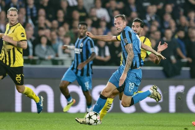 Club s Gustaf Nilsson and Borussia s Emre Can fight for the ball during a soccer game between Belgian Club Brugge KV and German Borussia Dortmund, Wednesday 18 September 2024 in Brugge, on the day one of the UEFA Champions League league phase. BRUNOxFAHY  x100920517x