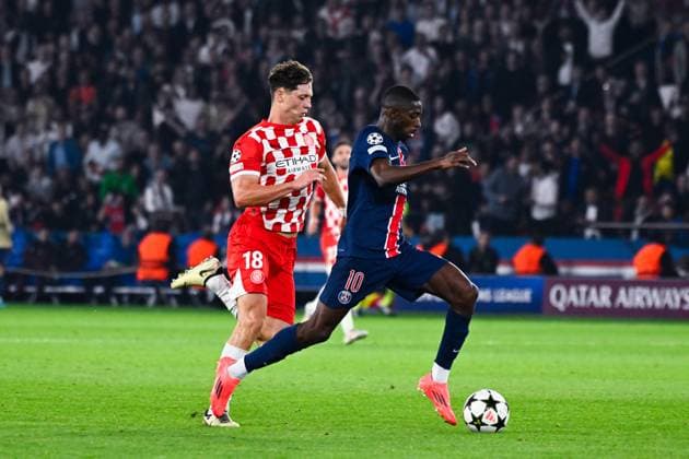 Ousmane DEMBELE ( 10 - PSG ) and Ladislav Krejci ( 18 - Girona ) during the UEFA Champions League match between Paris Saint Germain and Girona FC at Parc Des Princes on September 18, 2024 in Paris, France. ( Photo by federico pestellini panoramic ) - FOOTBALL : PSG vs Girona - Ligue des Champions - 18 09 2024 FedericoPestellini Panoramic 