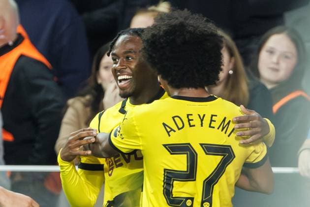 Borussia s Jamie Gittens celebrates after scoring during a soccer game between Belgian Club Brugge KV and German Borussia Dortmund, Wednesday 18 September 2024 in Brugge, on the day one of the UEFA Champions League league phase. KURTxDESPLENTER  x100920997x
