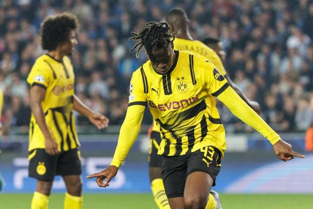 Borussia s Jamie Gittens celebrates after scoring during a soccer game between Belgian Club Brugge KV and German Borussia Dortmund, Wednesday 18 September 2024 in Brugge, on the day one of the UEFA Champions League league phase. KURTxDESPLENTER  x100922110x