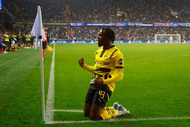 Club Brugge v Borussia Dortmund - UEFA Champions League BRUGGE, BELGIUM - SEPTEMBER 18 : Gittens Jamie midfielder of Borussia Dortmund celebrates after scoring a second time during the UEFA Champions League - League phase matchday 1 match between Club Brugge and Borussia Dortmund at the Jan Breydel stadium on September 18, 2024 in Bruges , Belgium , 18 09 2024 Brugge Belgium  Copyright: xJanxDexMeuleneirx