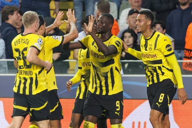 Borussia s Serhou Guirassy celebrates after scoring during a soccer game between Belgian Club Brugge KV and German Borussia Dortmund, Wednesday 18 September 2024 in Brugge, on the day one of the UEFA Champions League league phase. KURTxDESPLENTER  x100923337x