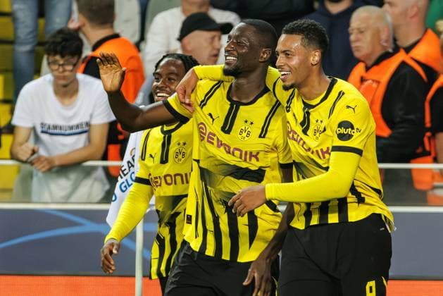 Borussia s Serhou Guirassy celebrates after scoring during a soccer game between Belgian Club Brugge KV and German Borussia Dortmund, Wednesday 18 September 2024 in Brugge, on the day one of the UEFA Champions League league phase. KURTxDESPLENTER  x100923365x