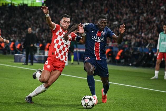 Champions League PSG vs Girona FC FA Paris Saint-Germain’s defender Nuno Mendes fights for the ball during the UEFA Champions League football match between Paris Saint-Germain and Girona FC at the Parc des Princes stadium in Paris on September 18, 2024. Photo by Firas Abdullah ABACAPRESS.COM Paris Ile-de-France France  Copyright: xAbdullahxFiras ABACAx