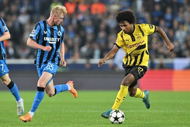 20240918 Champions League Day 1 Club Brugge vs Dortmund Joaquin Seys (65) of Club Brugge defending on Karim Adeyemi (27) of Dortmund during a soccer game between Belgian Club Brugge KV and German Borussia Dortmund in the UEFA Champions League League Phase day 1 of the 2024-25 season, on Wednesday 18 September 2024 in Brugge , Belgium . PHOTO SPORTPIX David Catry BRUGGE BELGIUM  Copyright: xx 481508