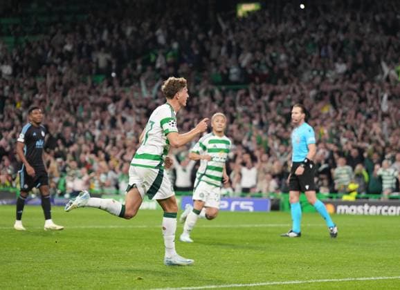 Arne Engels of Celtic scores from the penalty spot to give Celtic a 3-0 lead after Danylo Ihnatenko of Slovan Bratislava kicked Alistair Johnston of Celtic instead of the ball inside the Bratislava penalty area. Celtic v Slovan Bratislava, UEFA Champions League, Group Stage, Football, Celtic Park, Glasgow, Scotland, UK, 18 Sep 2024 EDITORIAL USE ONLY No use with unauthorised audio, video, data, fixture lists, club league logos or live services. Online in-match use limited to 120 images, no video emulation. No use in betting, games or single club league player publications.  Copyright: xStuartxWallace Shutterstockx 14722221aj