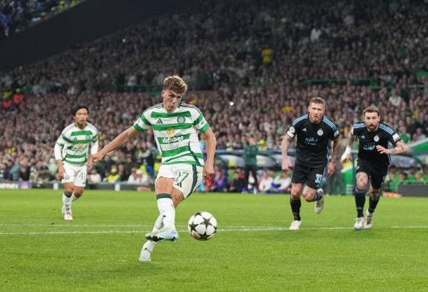 Arne Engels of Celtic scores from the penalty spot to give Celtic a 3-0 lead after Danylo Ihnatenko of Slovan Bratislava kicked Alistair Johnston of Celtic instead of the ball inside the Bratislava penalty area. Celtic v Slovan Bratislava, UEFA Champions League, Group Stage, Football, Celtic Park, Glasgow, Scotland, UK, 18 Sep 2024 EDITORIAL USE ONLY No use with unauthorised audio, video, data, fixture lists, club league logos or live services. Online in-match use limited to 120 images, no video emulation. No use in betting, games or single club league player publications.  Copyright: xStuartxWallace Shutterstockx 14722221ag