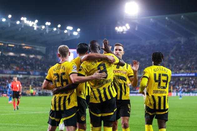 18 09 2024, Football, Season 2024 2025, UEFA Champions League, Matchday 1, FC Bruges Borussia Dortmund, BVB players celebrate the 0 3 goal by Serhou Guirassy Borussia Dortmund , Bruges Jan Breydel Stadium Belgium xRHR PHOTO DEx Copyright: DennisxEwert RHR-FOTOx RHR-FOTO DE