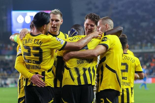 18 09 2024, Football, Season 2024 2025, UEFA Champions League, Matchday 1, FC Bruges Borussia Dortmund, BVB players celebrate the 0 3 goal by Serhou Guirassy Borussia Dortmund , Bruges Jan Breydel Stadium Belgium xRHR PHOTO DEx Copyright: DennisxEwert RHR-FOTOx RHR-FOTO DE