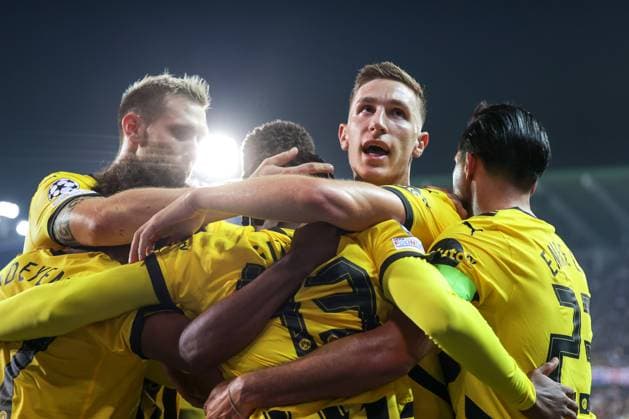 18 09 2024, Football, Season 2024 2025, UEFA Champions League, Matchday 1, FC Bruges Borussia Dortmund, f l Niklas Süle Borussia Dortmund , Karim Adeyemi Borussia Dortmund , Jamie Jermaine Bynoe Gittens Borussia Dortmund , Nico Schlotterbeck Borussia Dortmund , Emre Can Borussia Dortmund celebrate the goal to 0 1 by Jamie Jermaine Gittens Borussia Dortmund , Bruges Jan Breydel Stadium Belgium xRHR PHOTO DEx Copyright: DennisxEwert RHR-FOTOx RHR-FOTO DE