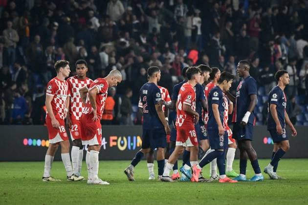 Champions League PSG vs Girona FC FA Paris Saint-Germain’s players celebrate winning after the UEFA Champions League football match between Paris Saint-Germain and Girona FC at the Parc des Princes stadium in Paris on September 18, 2024. Photo by Firas Abdullah ABACAPRESS.COM Paris Ile-de-France France  Copyright: xAbdullahxFiras ABACAx