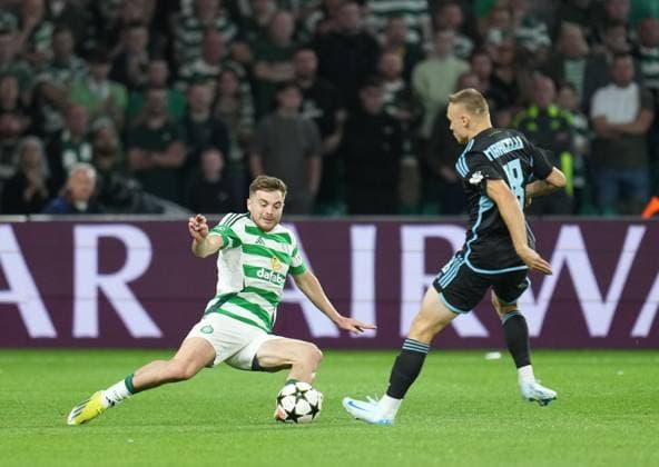 James Forrest of Celtic & Nino Marcelli of Slovan Bratislava. Celtic v Slovan Bratislava, UEFA Champions League, Group Stage, Football, Celtic Park, Glasgow, Scotland, UK, 18 Sep 2024 EDITORIAL USE ONLY No use with unauthorised audio, video, data, fixture lists, club league logos or live services. Online in-match use limited to 120 images, no video emulation. No use in betting, games or single club league player publications.  Copyright: xStuartxWallace Shutterstockx 14722221cb