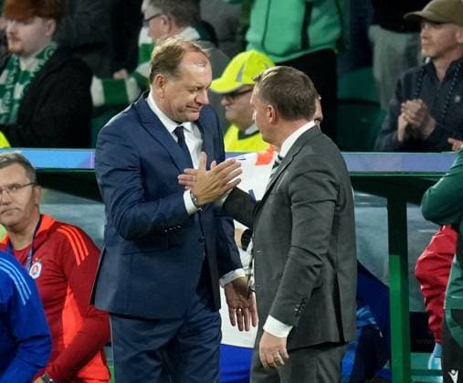 Slovan Bratislava Manager Vladimir Weiss with Celtic Manager Brendan Rodgers at the full-time whistle. Final score Celtic 5 Slovan Bratislava 1. Celtic v Slovan Bratislava, UEFA Champions League, Group Stage, Football, Celtic Park, Glasgow, Scotland, UK, 18 Sep 2024 EDITORIAL USE ONLY No use with unauthorised audio, video, data, fixture lists, club league logos or live services. Online in-match use limited to 120 images, no video emulation. No use in betting, games or single club league player publications.  Copyright: xStuartxWallace Shutterstockx 14722221ci
