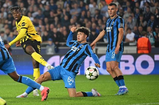 Bruegge, Jan Breydel Stadion, 18 09 24, GER, Herren, UEFA Champions League, Saison 2024 2025, Club Bruegge Borussia Dortmund Bild Jamie GITTENS Dortmund macht das Tor zum 0 2 Only for editorial use UEFA regulations prohibit any use of photographs as image sequences and or quasi video Flanders Belgium