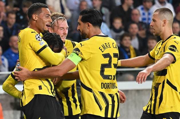 Bruegge, Jan Breydel Stadion, 18 09 24, GER, Men, UEFA Champions League, Season 2024 2025, Club Bruegge Borussia Dortmund Picture Jamie GITTENS Dortmund cheers after his goal to 0 2 Only for editorial use UEFA regulations prohibit any use of photographs as image sequences and or quasi video Flanders Belgium