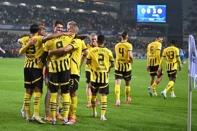 Bruegge, Jan Breydel Stadion, 18 09 24, GER, Men, UEFA Champions League, Season 2024 2025, Club Bruegge Borussia Dortmund Picture Serhou GUIRASSY Dortmund cheers after his goal to 0 3 Only for editorial use UEFA regulations prohibit any use of photographs as image sequences and or quasi video Flanders Belgium