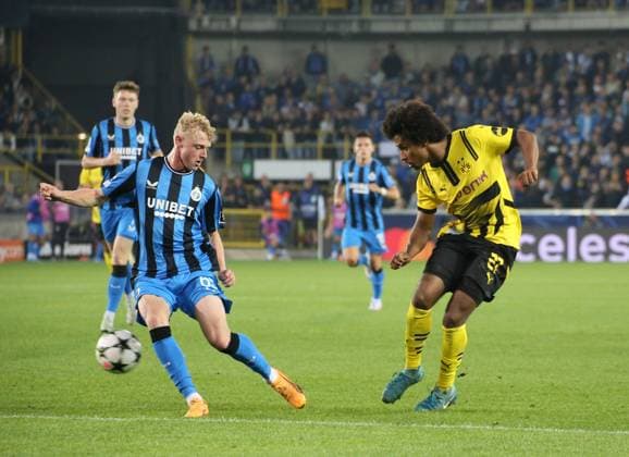 18 09 2024, xgrfx, Football UEFA Champions League, Club Bruges Borussia Dortmund emspor, v l Joaquin Seys Club Bruges , Karim Adeyemi Borussia Dortmund DFL DFB REGULATIONS PROHIBIT ANY USE OF PHOTOGRAPHS as IMAGE SEQUENCES and or QUASI VIDEO Bruges
