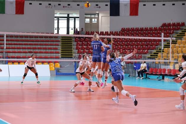 Emily Holterhaus of Beziers Volley, Paulina Majkowska of Beziers Volley Raquel Lazaro of Beziers Volley during the Volleyball WEVZA CUP Women between Bezier VB and Heidelberg Volkswagen on 18 sept 2024 at the Palazzetto dello in Rome.  Copyright: x(c)xEmanuelaxVertolli SportReporx xx IPA_49823485 IPA_Agency_IPA49823485