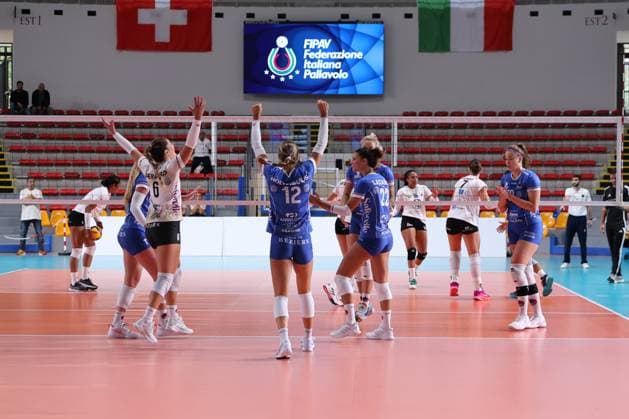 Manon Bernard of Beziers Volley, Emily Holterhaus of Beziers Volley, Raquel Lazaro of Beziers Volley during the Volleyball WEVZA CUP Women between Bezier VB and Heidelberg Volkswagen on 18 sept 2024 at the Palazzetto dello in Rome.  Copyright: x(c)xEmanuelaxVertolli SportReporx xx IPA_49823514 IPA_Agency_IPA49823514