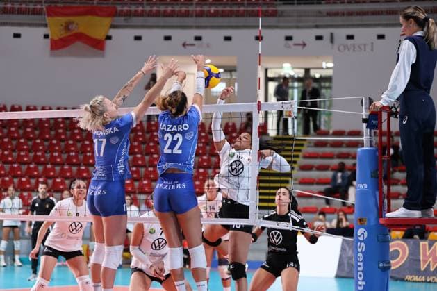 Paulina Majkowska of Beziers Volley, Raquel Lazaro of Beziers Volley during the Volleyball WEVZA CUP Women between Bezier VB and Heidelberg Volkswagen on 18 sept 2024 at the Palazzetto dello in Rome.  Copyright: x(c)xEmanuelaxVertolli SportReporx xx IPA_49823646 IPA_Agency_IPA49823646