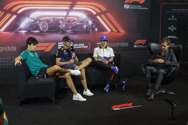 STROLL Lance (can), Aston Martin F1 Team AMR24, portrait VERSTAPPEN Max (ned), Red Bull Racing RB20, portrait TSUNODA Yuki (jap), Visa Cash App RB F1 Team VCARB 01, portrait press conference, PK, Pressekonferenz during the Formula 1 Singapore Grand Prix 2024, 18th round of the 2024 Formula One World Championship, WM, Weltmeisterschaft from September 20 to 22, 2024 on the Marina Bay Circuit, in Singapore, Singapore - F1 - SINGAPORE GRAND PRIX 2024 DPPI Panoramic  240919_R18_SINGAPORE_DP_XB5_6659