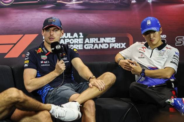 VERSTAPPEN Max (ned), Red Bull Racing RB20, portrait TSUNODA Yuki (jap), Visa Cash App RB F1 Team VCARB 01, portrait press conference, PK, Pressekonferenz during the Formula 1 Singapore Grand Prix 2024, 18th round of the 2024 Formula One World Championship, WM, Weltmeisterschaft from September 20 to 22, 2024 on the Marina Bay Circuit, in Singapore, Singapore - F1 - SINGAPORE GRAND PRIX 2024 DPPI Panoramic  240919_R18_SINGAPORE_DP_XB3_8547