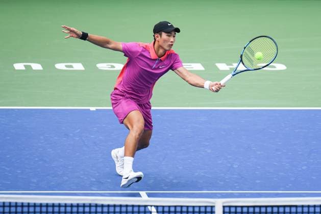 CHENGDU, CHINA - SEPTEMBER 19: Shang Juncheng of China competes in the Men s Singles Round of 32 match against Kei Nishikori of Japan on Day 2 of 2024 Chengdu Open at Sichuan International Tennis Center on September 19, 2024 in Chengdu, Sichuan Province of China.  Copyright: xVCGx 111518885450