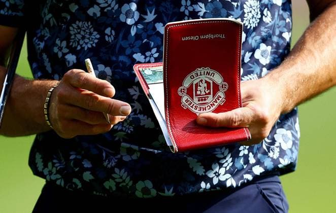 The Manchester United, ManU scorecard holder of Thorbjorn Olesen of Denmark. BMW PGA, Golf Herren Championship, Day One, Golf, Wentworth, Surrey, UK - 19 Sep 2024  Copyright: xJamesxMarsh Shutterstockx 14728176by