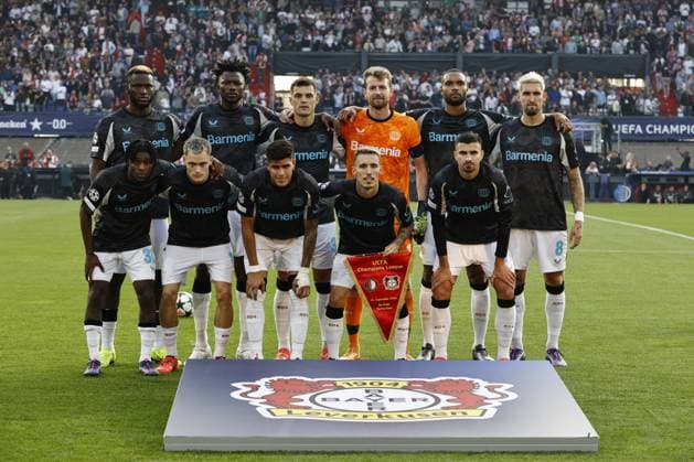 ROTTERDAM - ( top row l-r) Victor Boniface of Bayer 04 Leverkusen , Edmond Tapsoba of Bayer 04 Leverkusen , Granit Xhaka of Bayer 04 Leverkusen, Bayer 04 Leverkusen goalkeeper Lukas Hradecky, Jonathan Tah of Bayer 04 Leverkusen, Robert Andrich of Bayer 04 Leverkusen (Front row l-r) Jeremie Frimpong of Bayer 04 Leverkusen , Florian Wirtz of Bayer 04 Leverkusen , Edmond Tapsoba of Bayer 04 Leverkusen , Alejandro Grimaldo of Bayer 04 Leverkusen, Martin Terrier of Bayer 04 Leverkusen during the UEFA Champions League match between Feyenoord Rotterdam and Bayer 04 Leverkusen at Feyenoord Stadion de Kuip on Sept. 19, 2024 in Rotterdam, Netherlands. ANP MAURICE VAN STEEN UEFA Champions League 2024 25 xVIxANPxSportx xxANPxIVx 508860374 originalFilename: 508860374.jpg