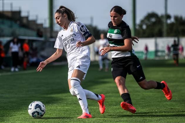 Alcochete, Portugal, September 19th, 2024: Olga (7 Real Madrid CF) and Telma (20 Sporting CP) in action during the UEFA Women s Champions League game between Sporting CP v Real Madrid CF at Estadio Aurelio Pereira, Alcochete, Portugal (Joao Bravo SPP) Copyright: xJoaoxBravoxx xSPPx spp-en-JoBr-JBF-2611