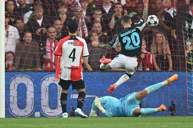 Rotterdam, De Kuip, 19 09 24, GER, Men, UEFA Champions League, Season 2024 2025, Feyenoord Rotterdam Bayer 04 Leverkusen Bild Alejandro GRIMALDO Leverkusen macht das Tor zum 0 2 Only for editorial use UEFA regulations prohibit any use of photographs as image sequences and or quasi video Suedholland Netherlands