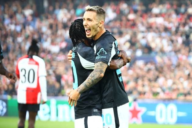 Alex Grimaldo 20 Bayer 04 Leverkusen celebrates his goal for 0 2 Feyenoord Rotterdam vs Bayer 04 Leverkusen, UEFA Champions League, Soccer, Matchday 1, Season 2024 2025, 19 09 2024 Photo kolbert press Ant Palmer Stadion Rotterdam De Kuip Netherlands Copyright: xkolbert-press AntxPalmerx