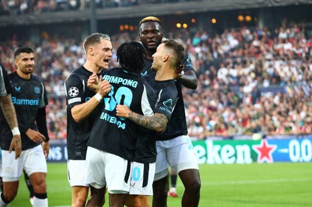 Alex Grimaldo 20 Bayer 04 Leverkusen celebrates his goal for 0 2 Feyenoord Rotterdam vs Bayer 04 Leverkusen, UEFA Champions League, Soccer, Matchday 1, Season 2024 2025, 19 09 2024 Photo kolbert press Ant Palmer Stadion Rotterdam De Kuip Netherlands Copyright: xkolbert-press AntxPalmerx